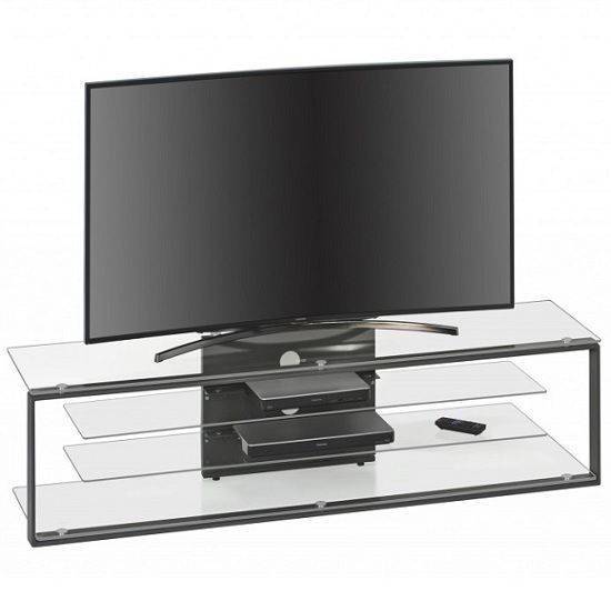 Avelyn Tv Stand In Clear Glass With Anthracite Metal Frame Pertaining To Conrad Metal/glass Corner Tv Stands (View 13 of 15)