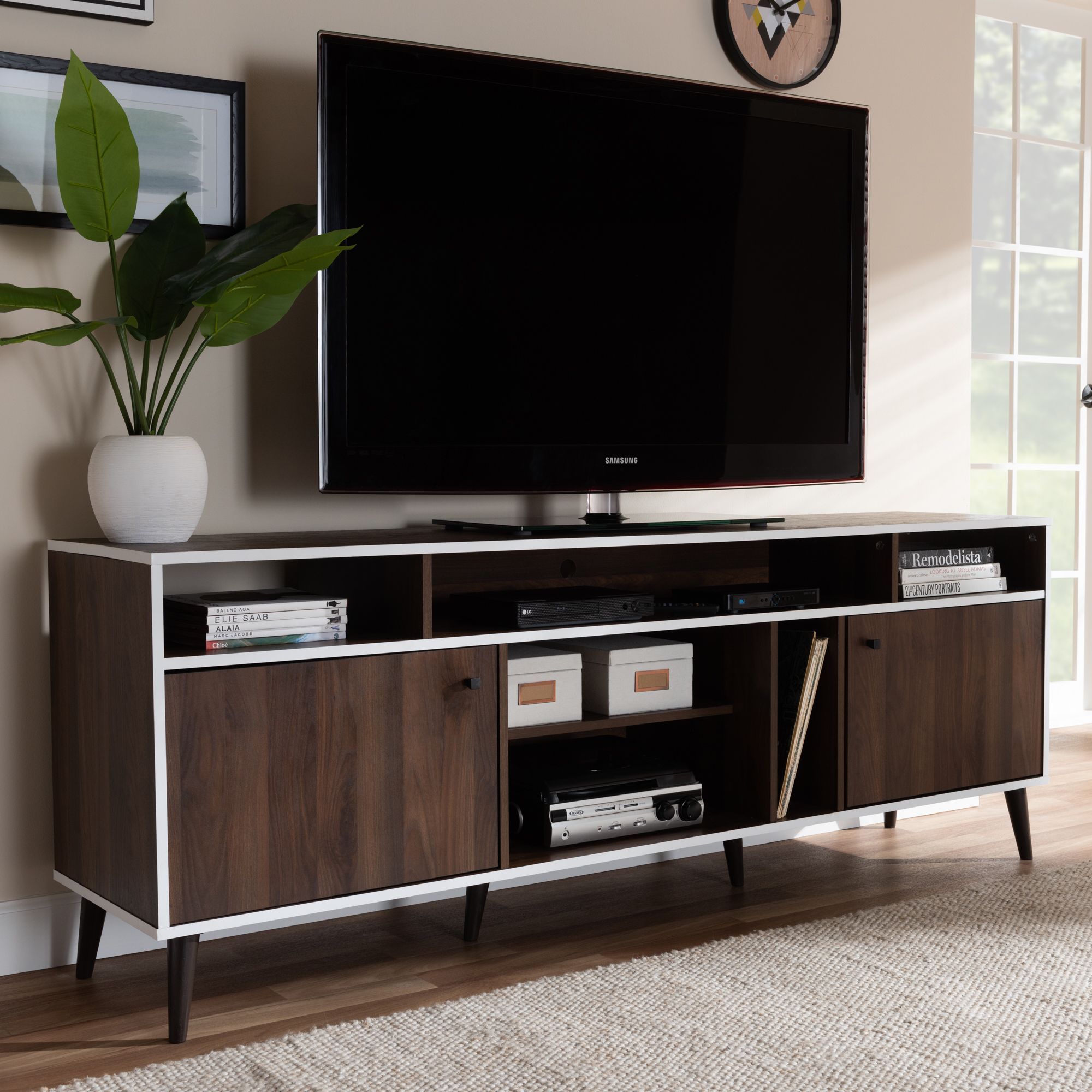 Baxton Studio Marion Mid Century Modern Brown And White For Modern White Tv Stands (Photo 1 of 15)