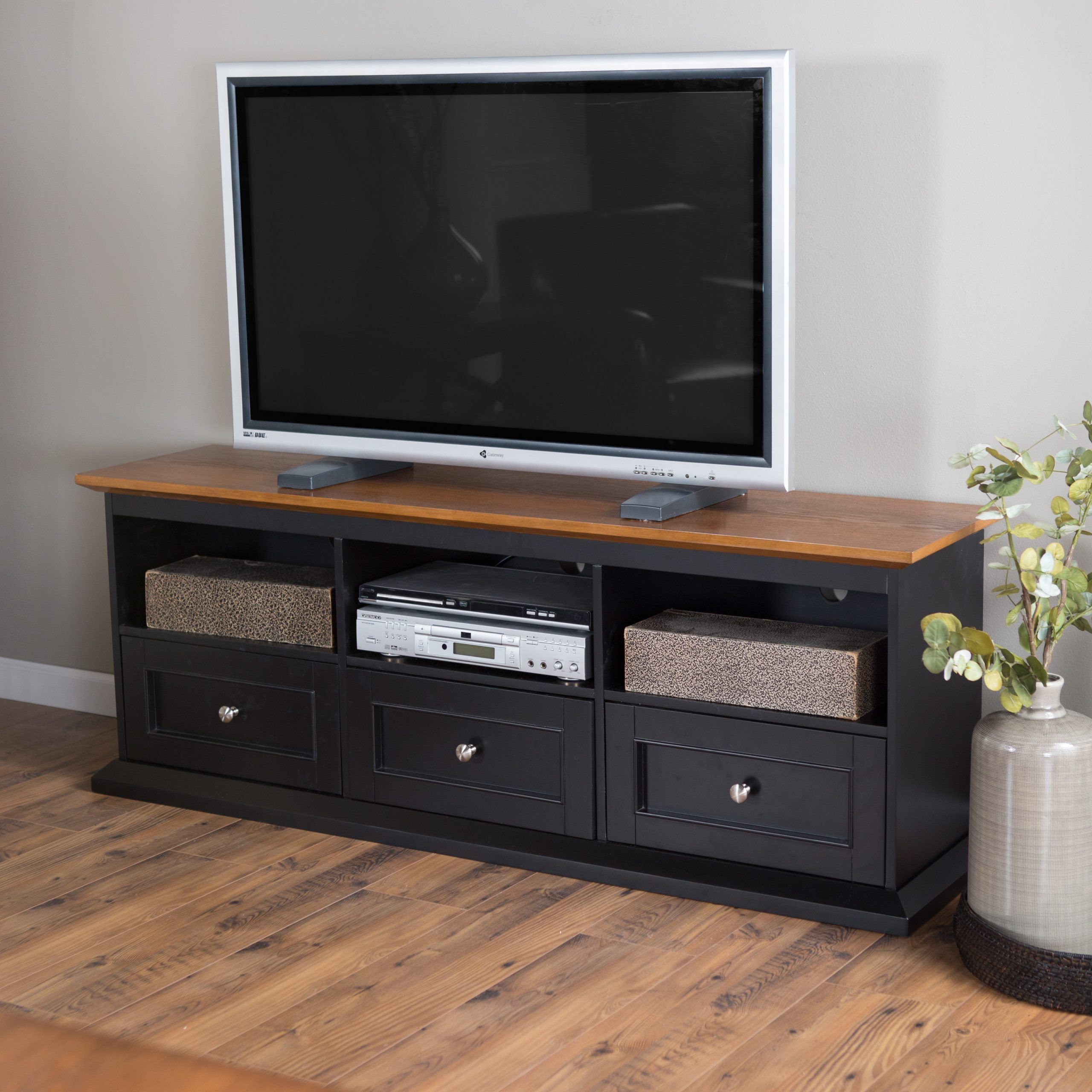 Belham Living Hampton Tv Stand With Drawers – Black/oak At Intended For Oak Tv Stands (View 5 of 15)