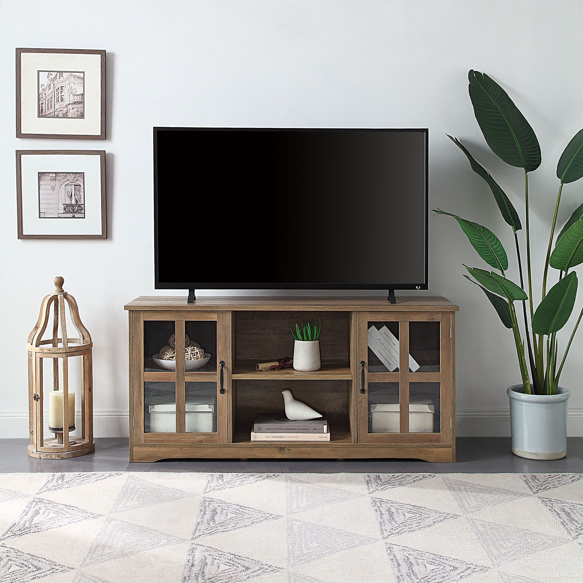 Belleze Cori 52 Inch Tv Stand Wood And Glass Console For With Regard To Glass Shelves Tv Stands For Tvs Up To 60&quot; (View 1 of 15)