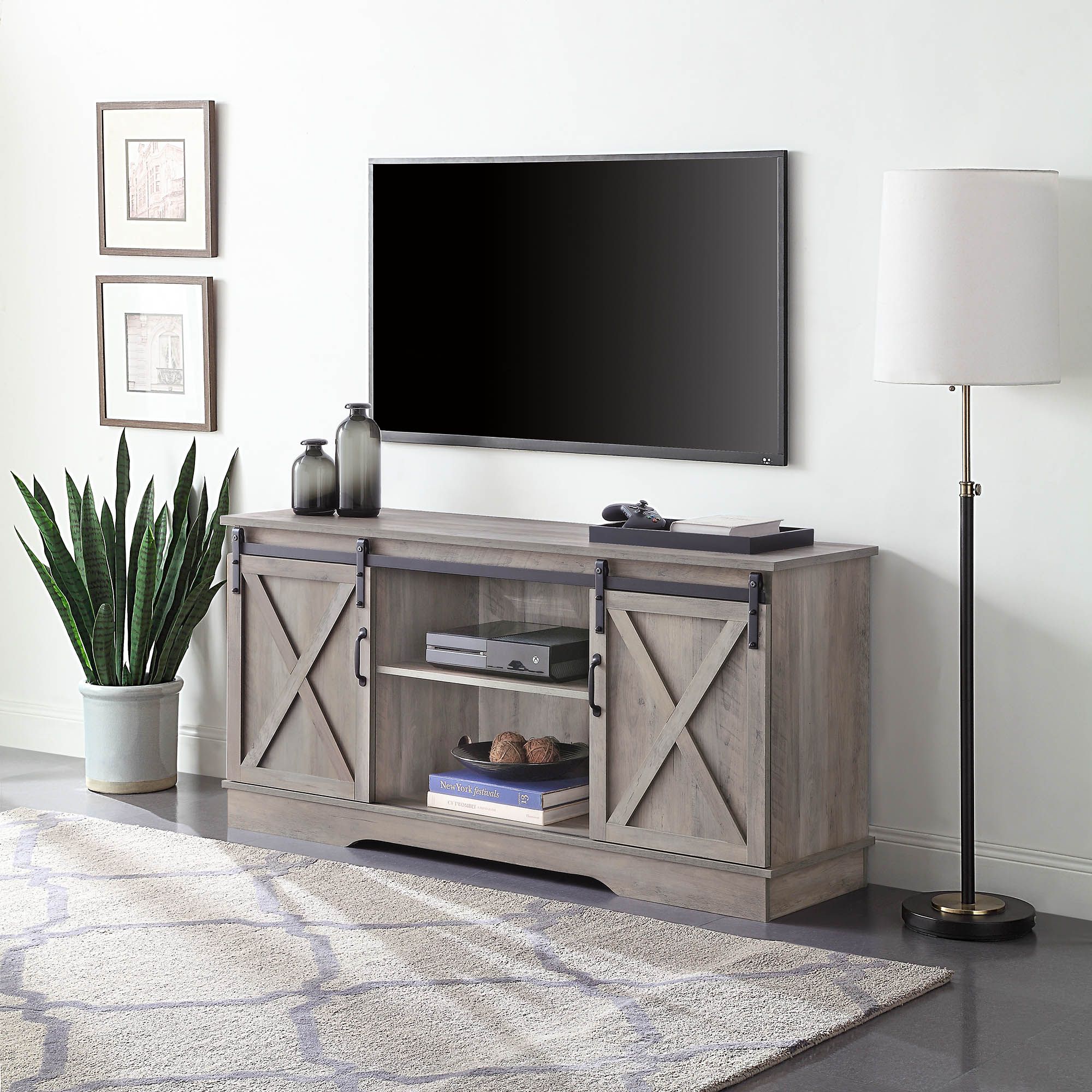 Belleze Modern Farmhouse Style 58"tv Stand W/sliding Barn In Tv Cabinets With Storage (View 2 of 15)
