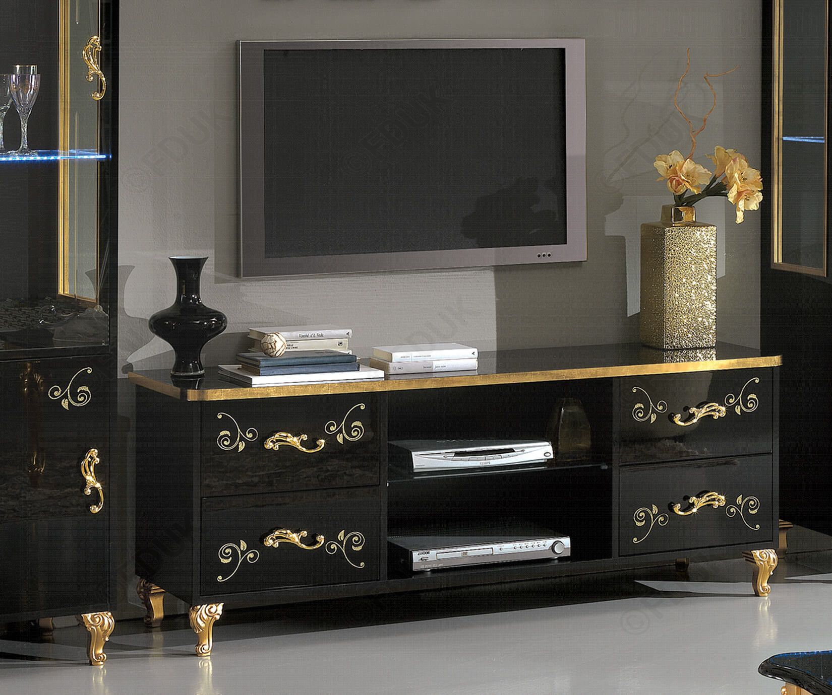 Ben Company Sofia Black And Gold Italian Plasma Tv Cabinet Inside Gold Tv Cabinets (View 1 of 15)