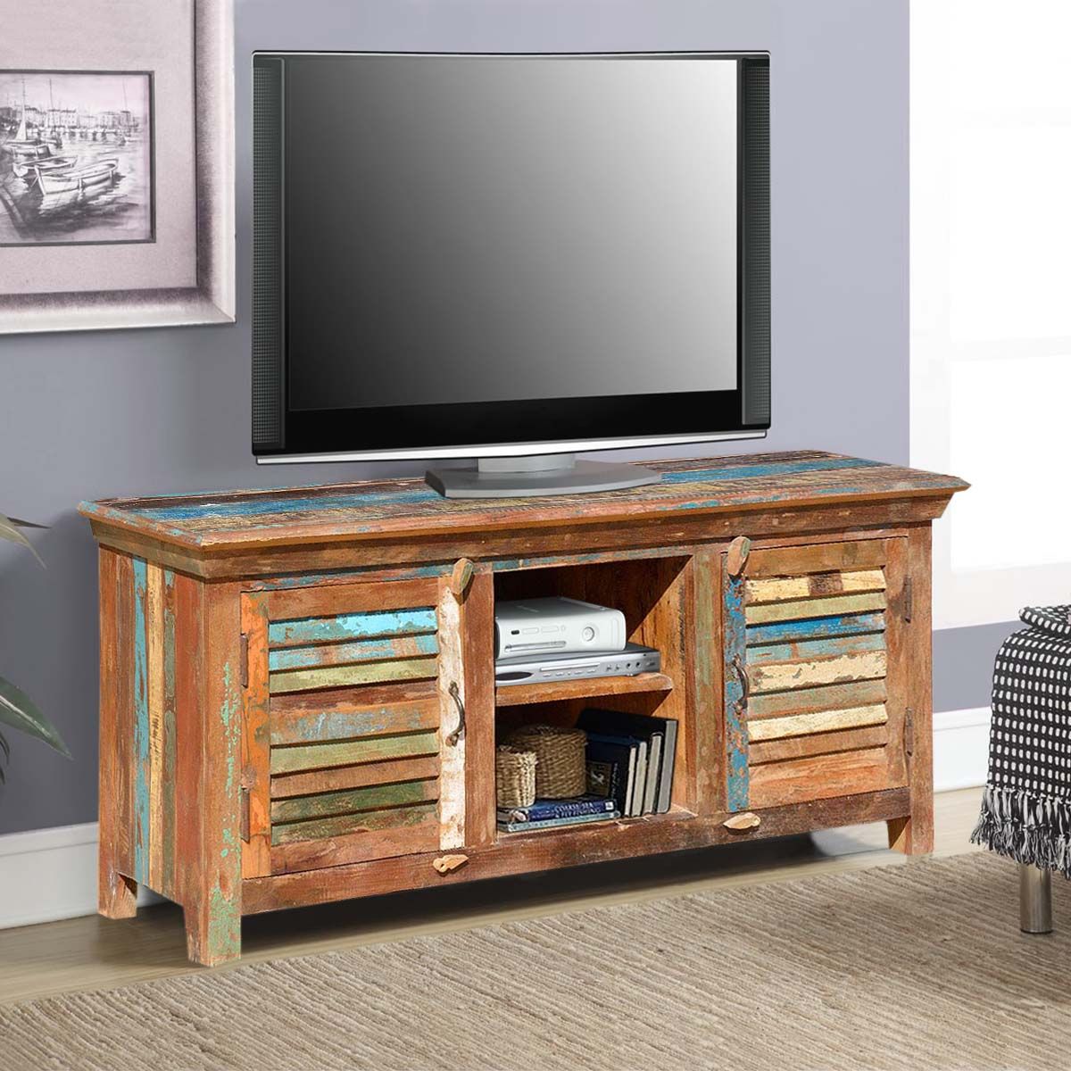 Bertrand Rustic Primitive Reclaimed Wood Tv Stand Media Regarding Tv Stands And Cabinets (View 7 of 15)