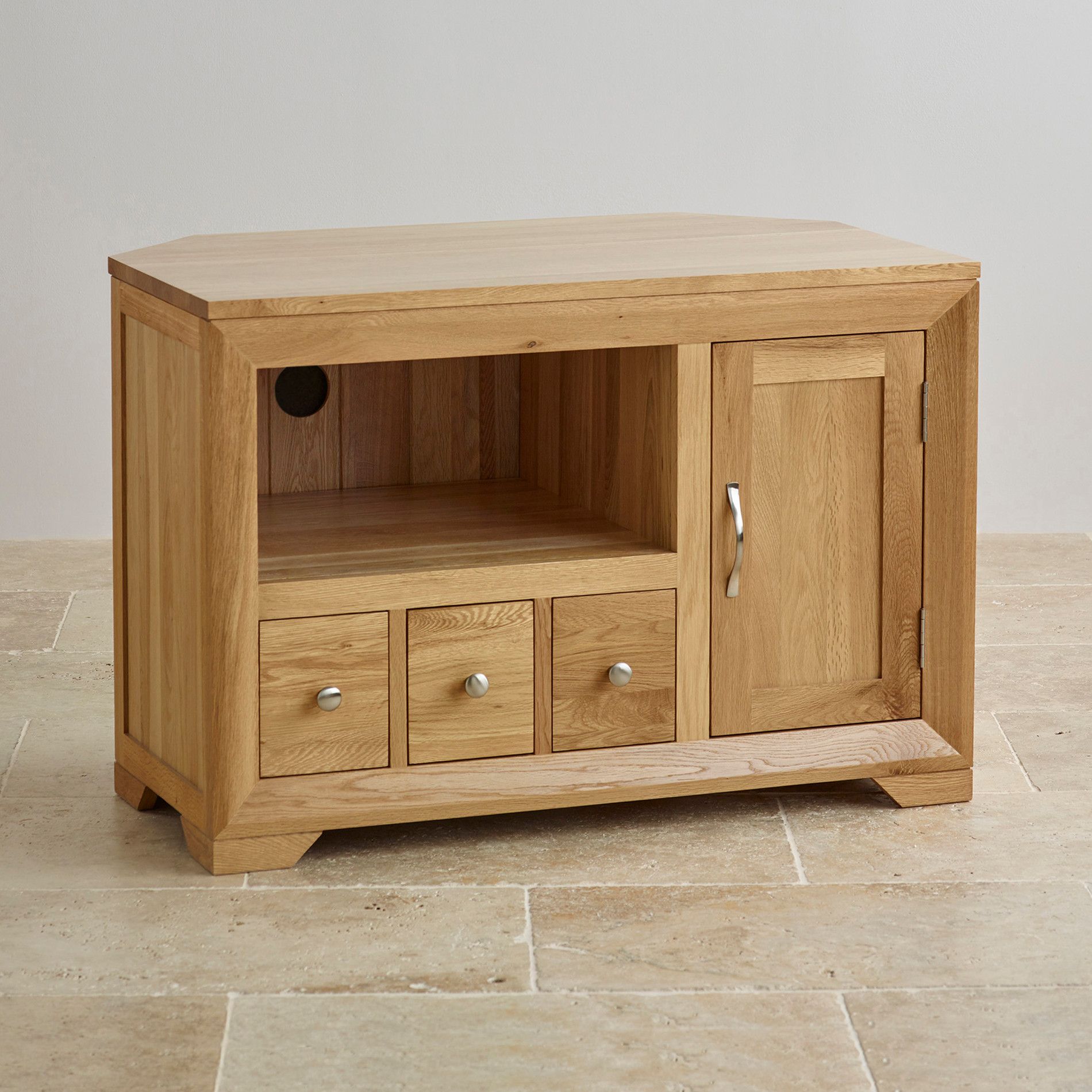 Bevel Natural Solid Oak Small Corner Tv Cabinet | Oak Within Tv Stands Corner Units (View 10 of 15)