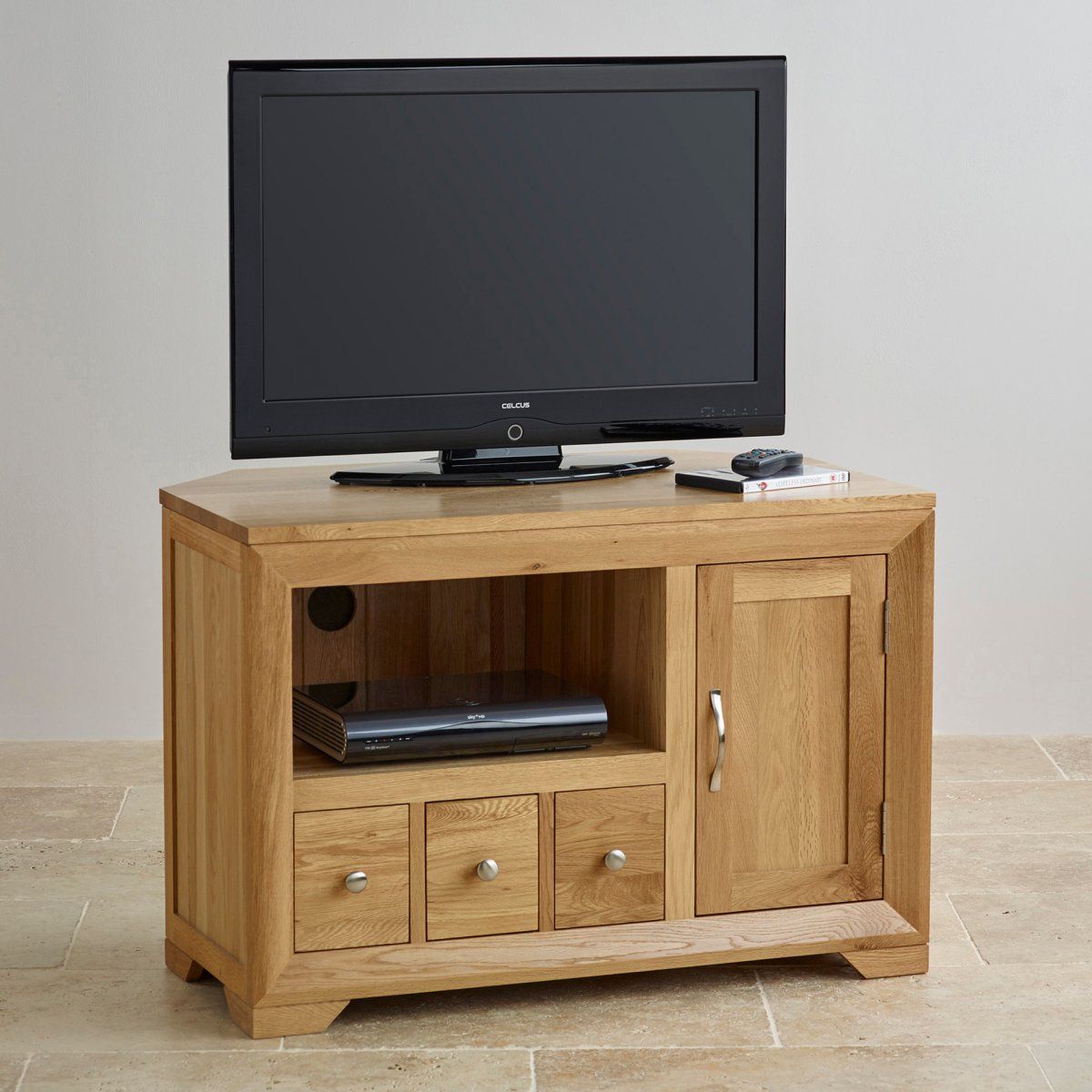 Bevel Small Corner Tv Cabinet In Solid Oak | Oak Furniture With Regard To Oak Corner Tv Cabinets (View 7 of 15)