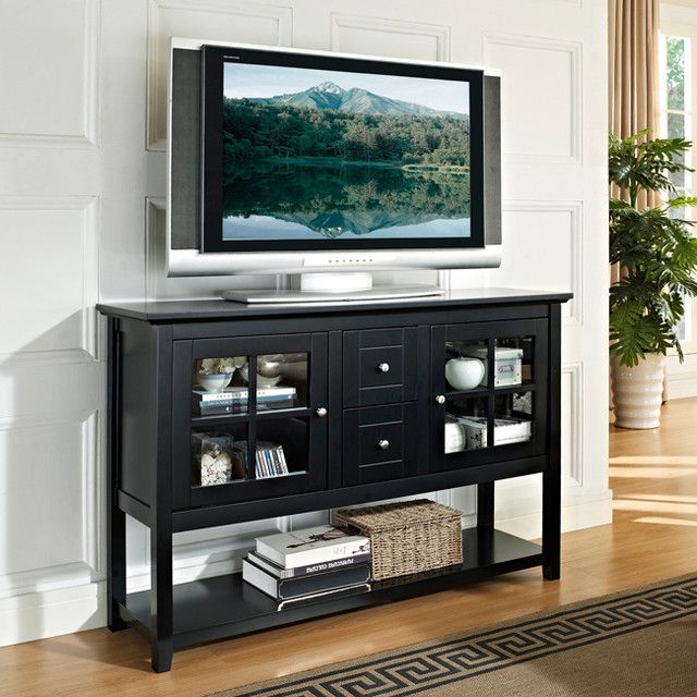 Black 52 Inch Wood Console Table Tv Stand – Contemporary Pertaining To Modern Tv Stands In Oak Wood And Black Accents With Storage Doors (Photo 13 of 15)