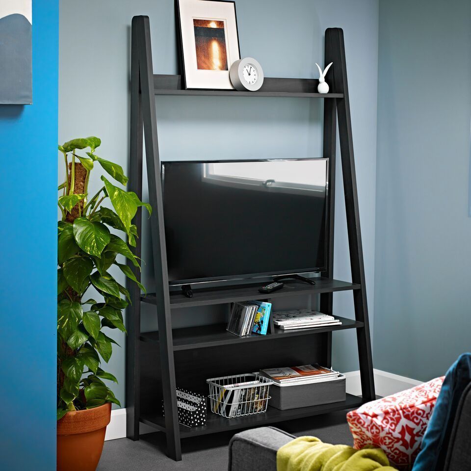Black Charcoal Ladder Display Shelving Unit Tv Television With Regard To Tiva White Ladder Tv Stands (Photo 1 of 15)