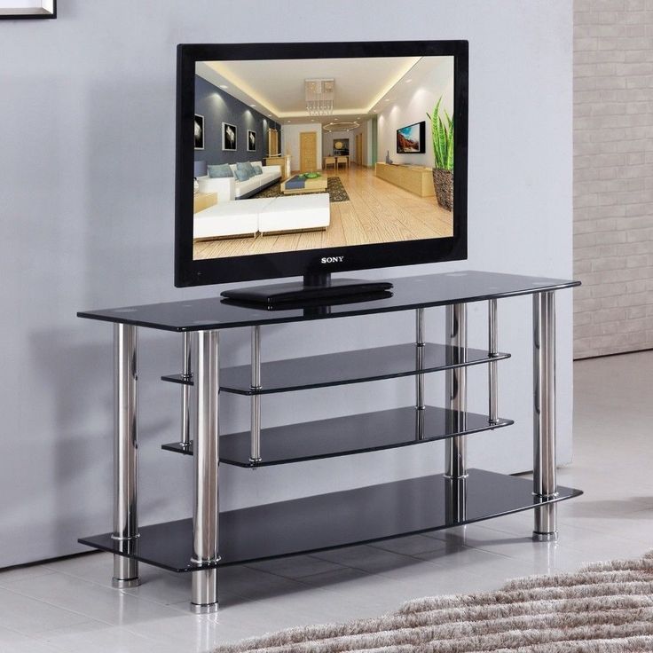 Black Chrome Tiered Tempered Glass Tv Stand Shelves Inside Modern Black Floor Glass Tv Stands With Mount (View 11 of 15)