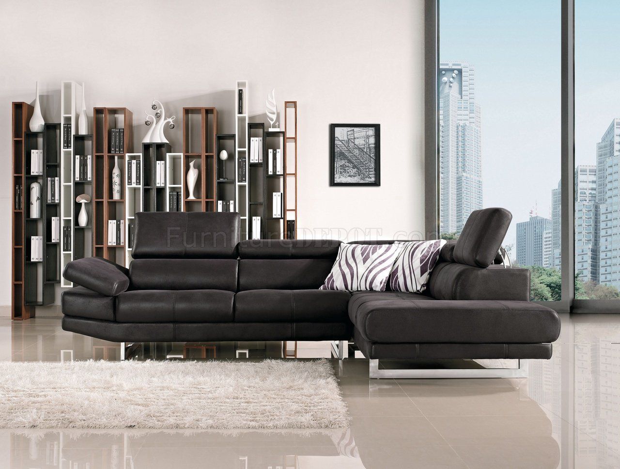 Black Fabric Modern Sectional Sofa W/adjustable Headrest Regarding Wynne Contemporary Sectional Sofas Black (View 2 of 15)