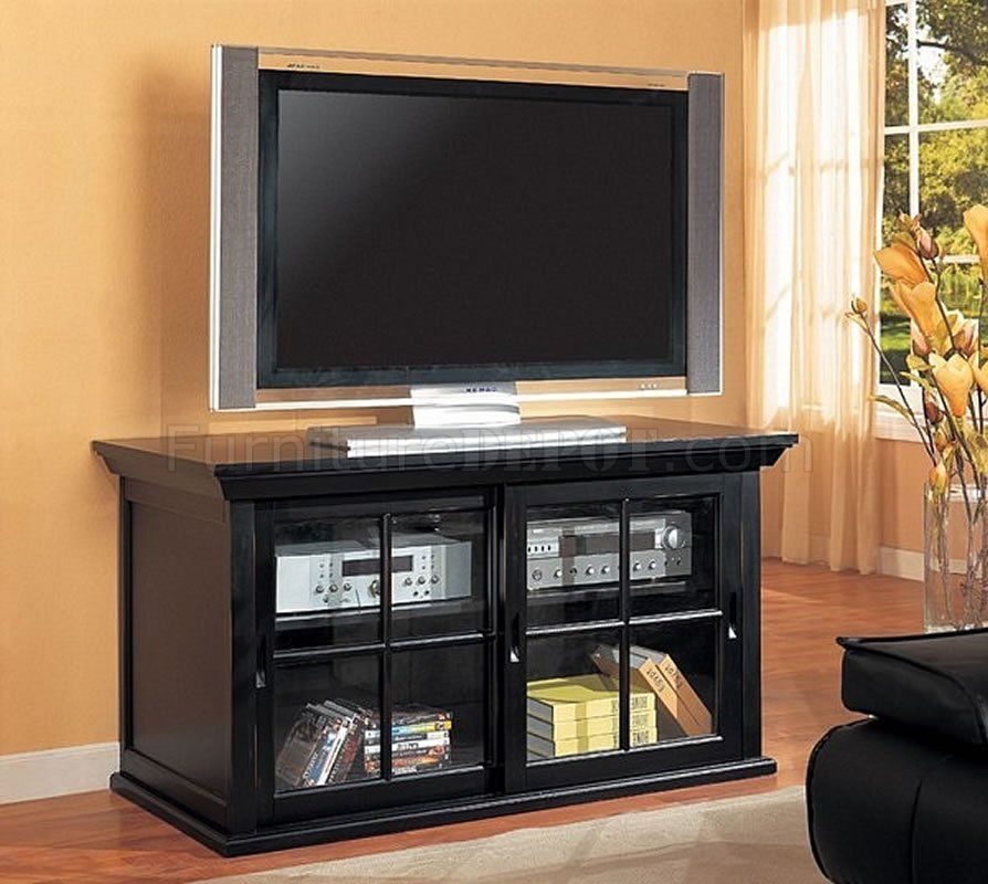 Black Finish Stylish Tv Stand Or Book Shelf W/sliding Doors In Black Tv Cabinets With Doors (View 14 of 15)