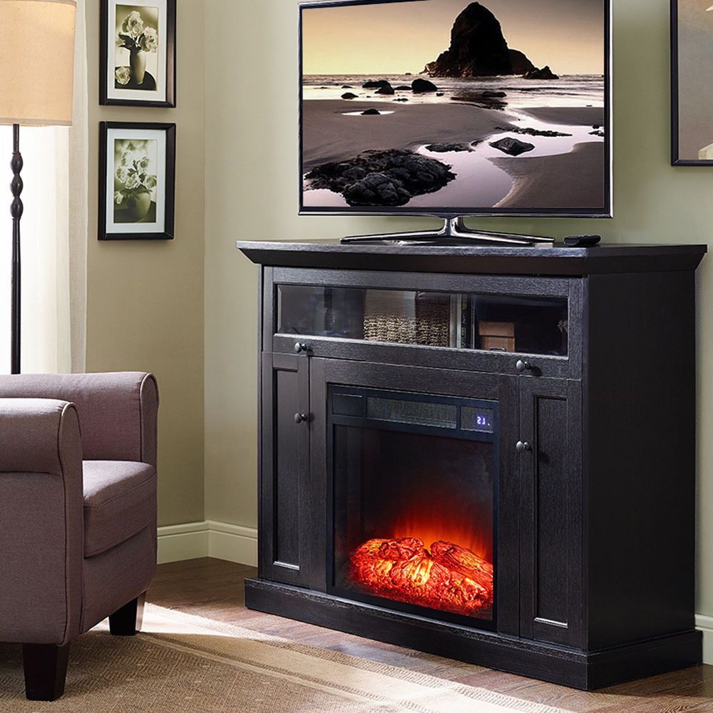 Black Fireplace Media Console Tv Stand Sliding Glass Door Intended For Modern Sliding Door Tv Stands (View 14 of 15)