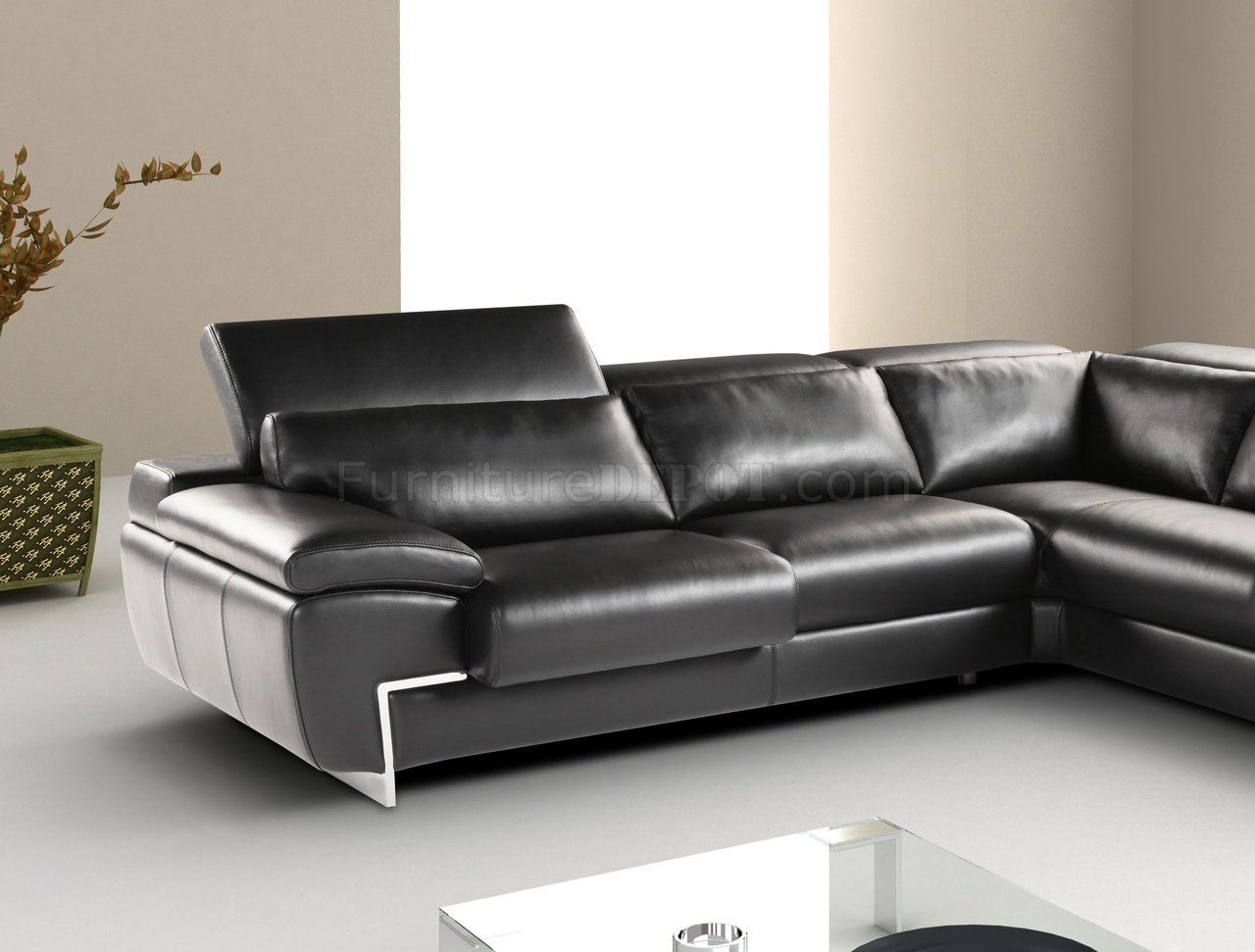 Black Full Leather Modern Sectional Sofa W/adjustable Headrest With Wynne Contemporary Sectional Sofas Black (View 6 of 15)