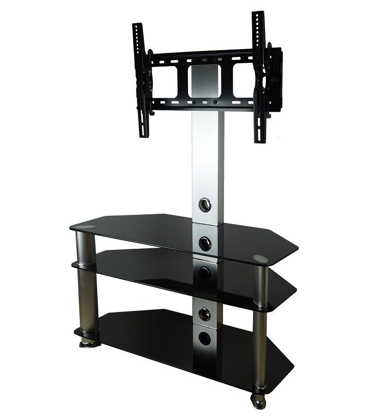 Black Glass Cantilever Tv Stand / Silver Aluminium Upright Intended For Cantilever Glass Tv Stand (View 3 of 15)