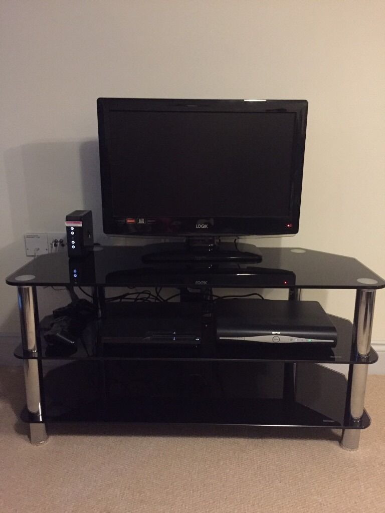 Black Glass/ Chrome Tv Stand With 3 Shelves | In Coulsdon With Contemporary Black Tv Stands Corner Glass Shelf (View 14 of 15)
