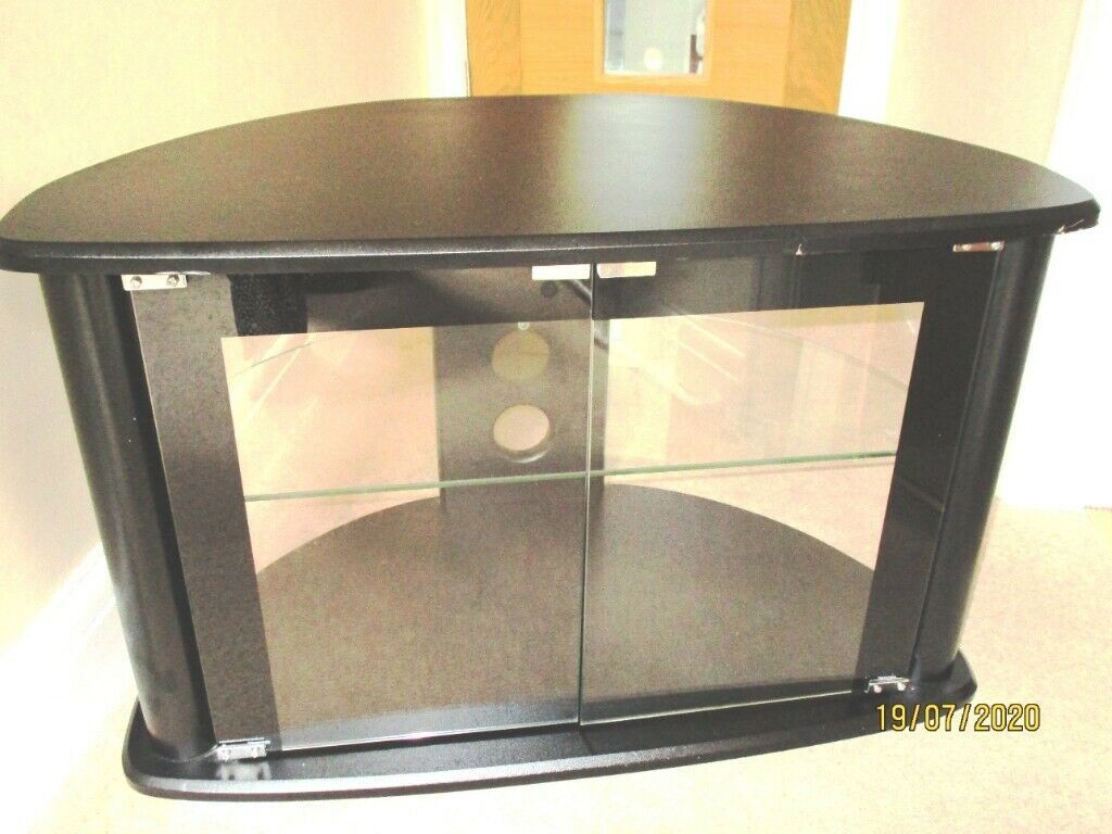 Black & Glass Corner Tv Stand With 2 Doors & Shelf For Tv Pertaining To Modern 2 Glass Door Corner Tv Stands (View 15 of 15)