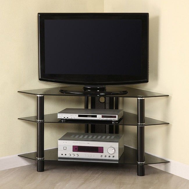 Black Glass Metal 44 Inch Corner Tv Stand – Overstock With Glass Corner Tv Stands For Flat Screen Tvs (View 3 of 15)
