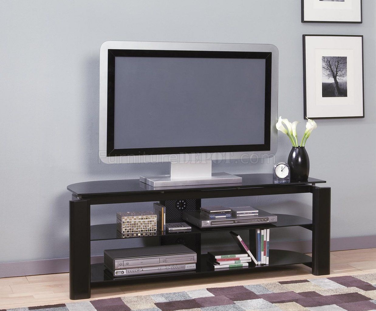Black Glass & Metal Modern Tv Stand W/storage Shelves With Glass Tv Cabinets (Photo 6 of 15)