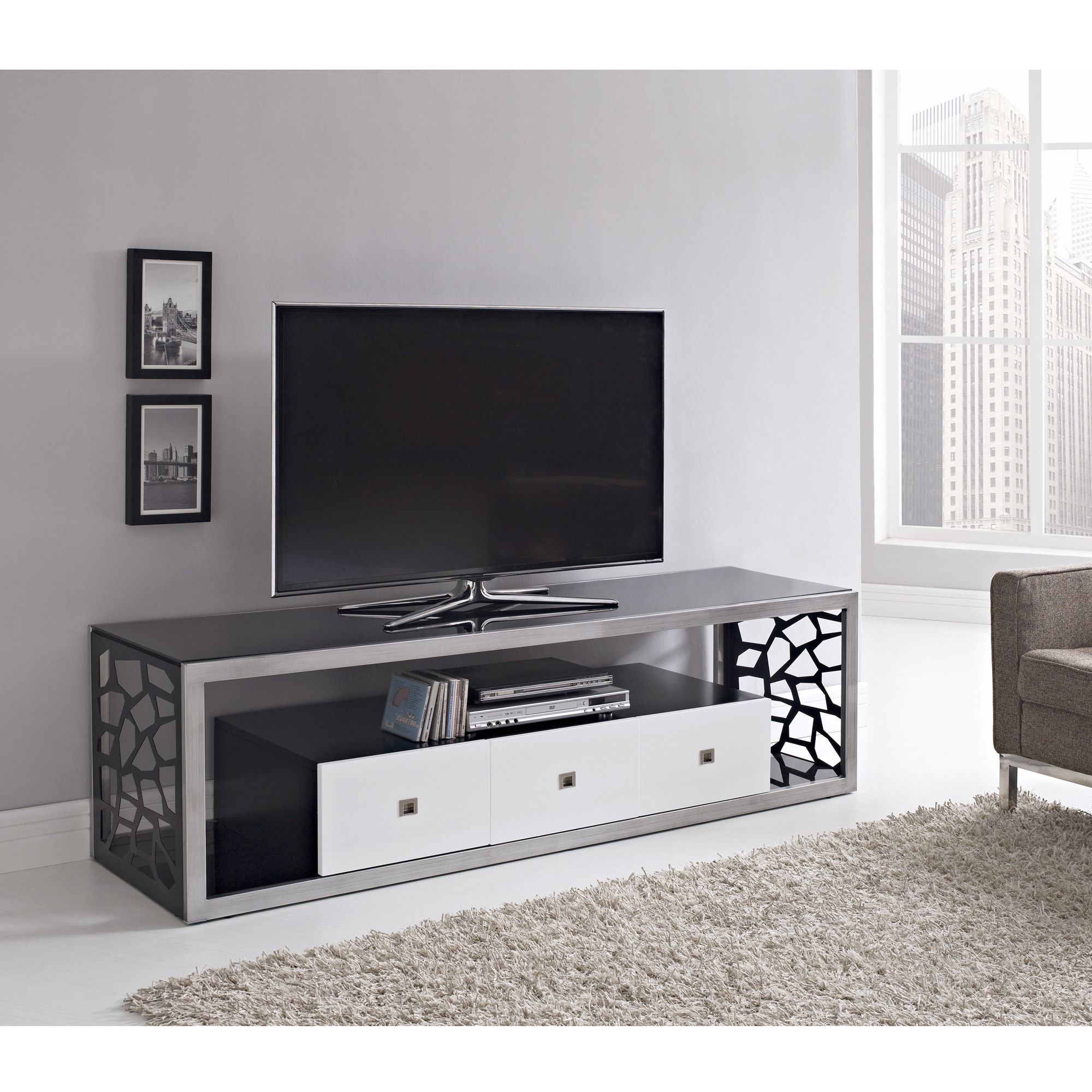 Black Glass Modern 70 Inch Tv Stand – Overstock™ Shopping Intended For Rfiver Modern Black Floor Tv Stands (View 12 of 15)