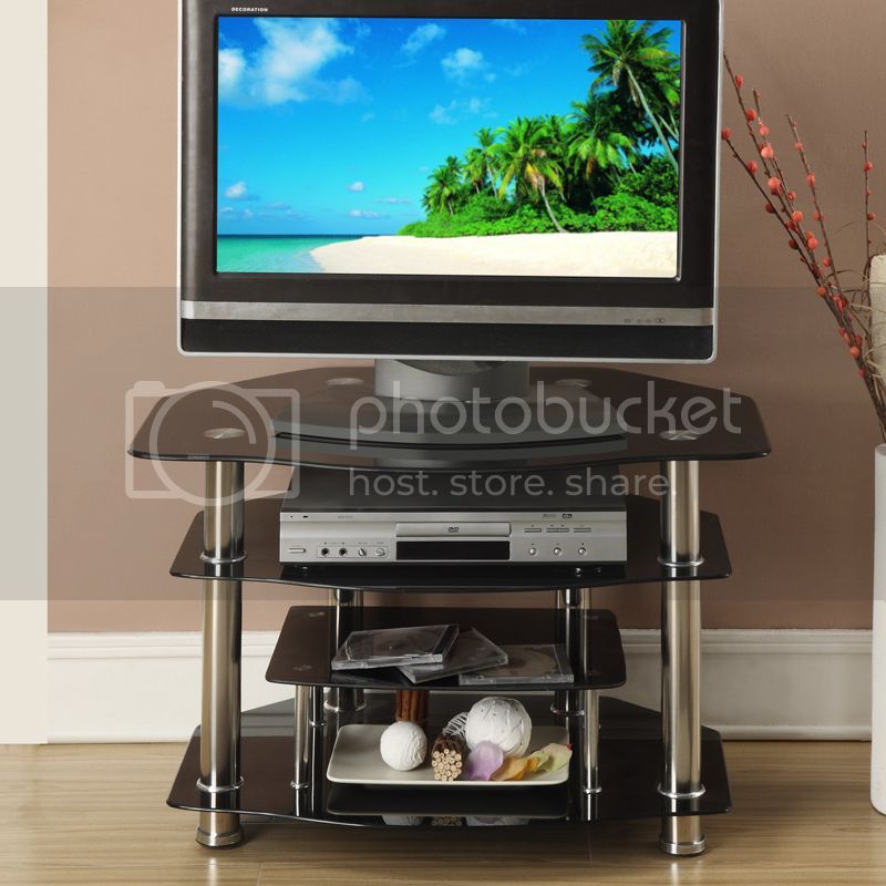 Black Glass Shiny Metal Shelves 32" Small Tv Stand Pertaining To Shiny Tv Stands (View 3 of 15)