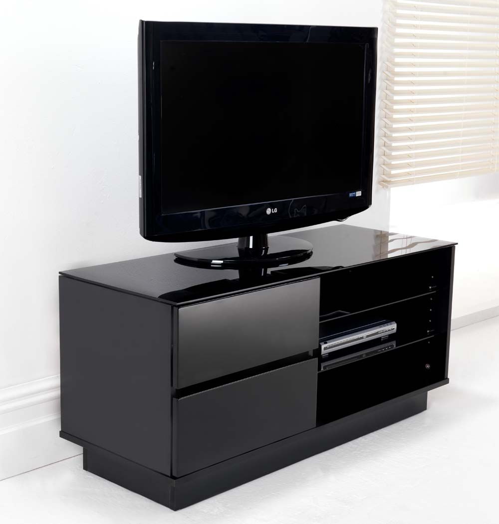 Black Gloss Two Drawer Glass Shelf Lcd Plasma Tv Stand Intended For Black Tv Cabinets With Drawers (View 2 of 15)