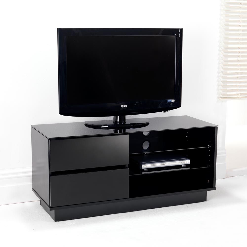 Black Gloss Two Drawer Glass Shelf Lcd Plasma Tv Stand Pertaining To Black Tv Cabinets With Drawers (View 3 of 15)