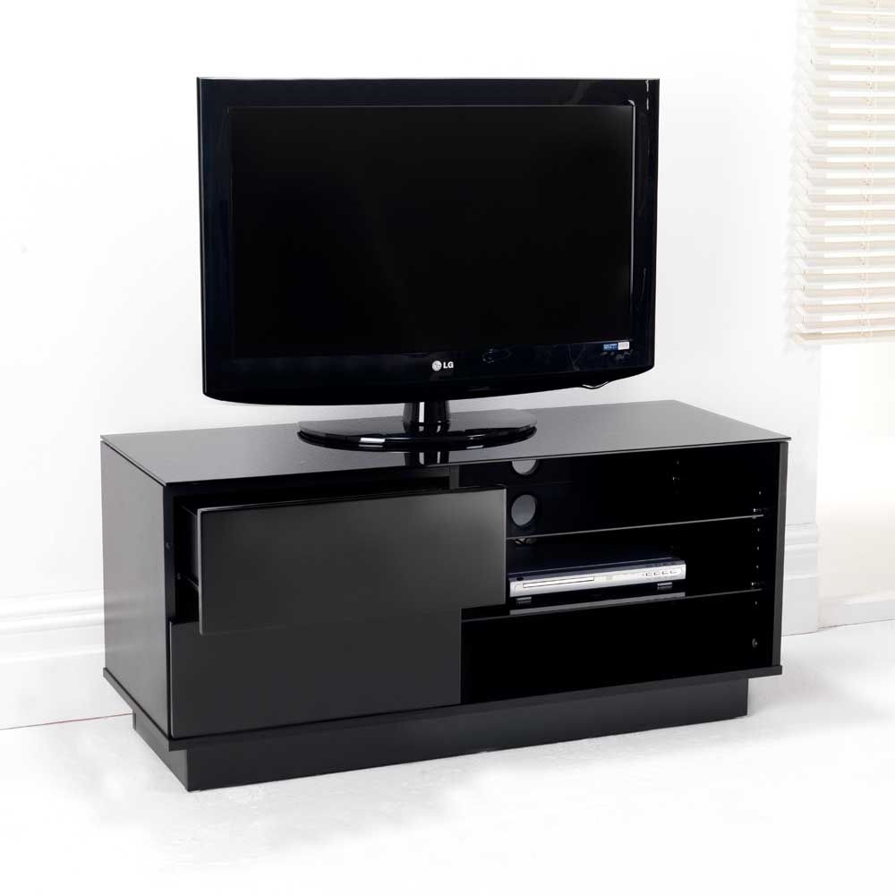 Black Gloss Two Drawer Glass Shelf Lcd Plasma Tv Stand Pertaining To Glass Shelves Tv Stands (View 9 of 15)