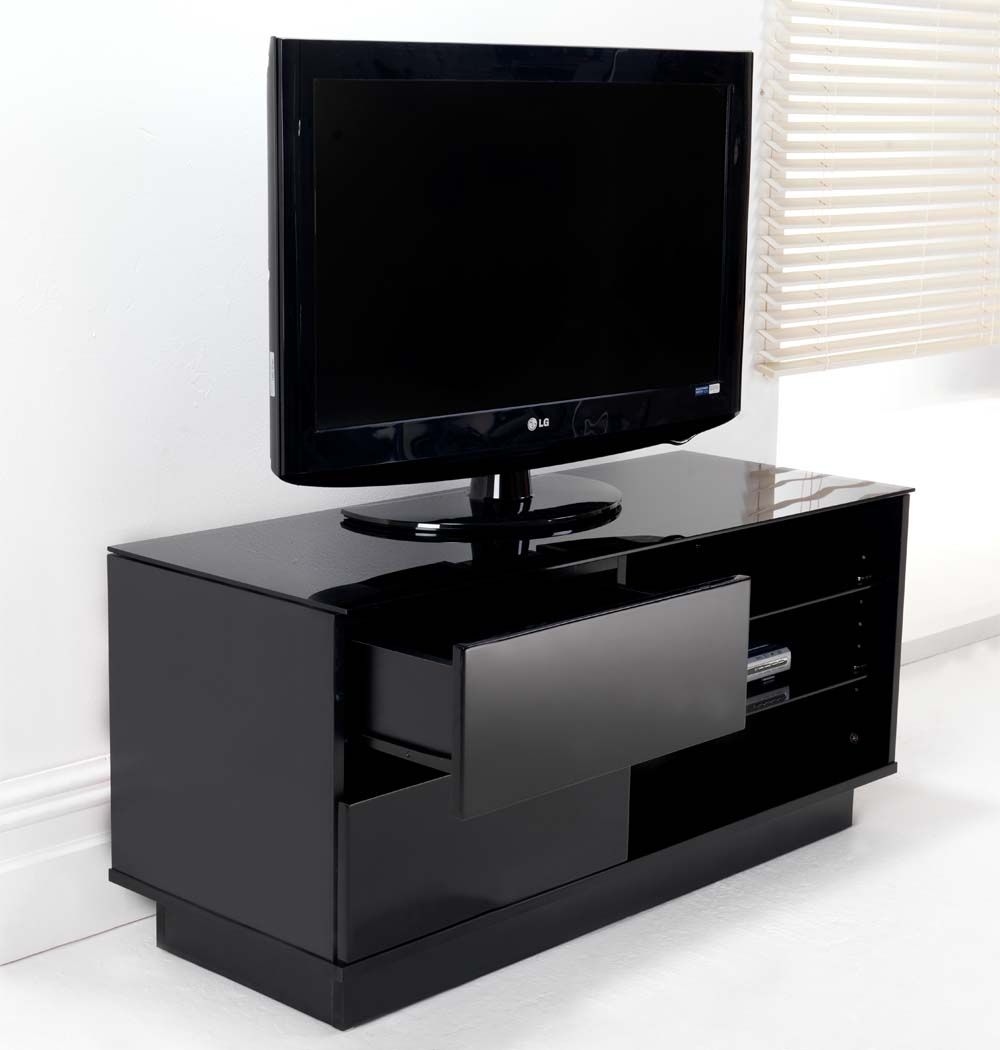 Black Gloss Two Drawer Glass Shelf Lcd Plasma Tv Stand Within Black Tv Stands With Drawers (View 7 of 15)