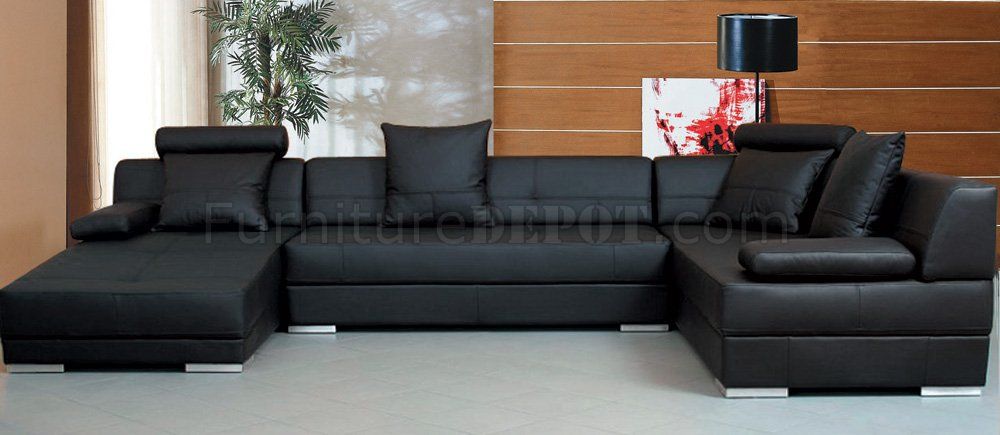 Black Leather Modern Sectional Sofa W/throw Pillows Intended For Wynne Contemporary Sectional Sofas Black (View 14 of 15)