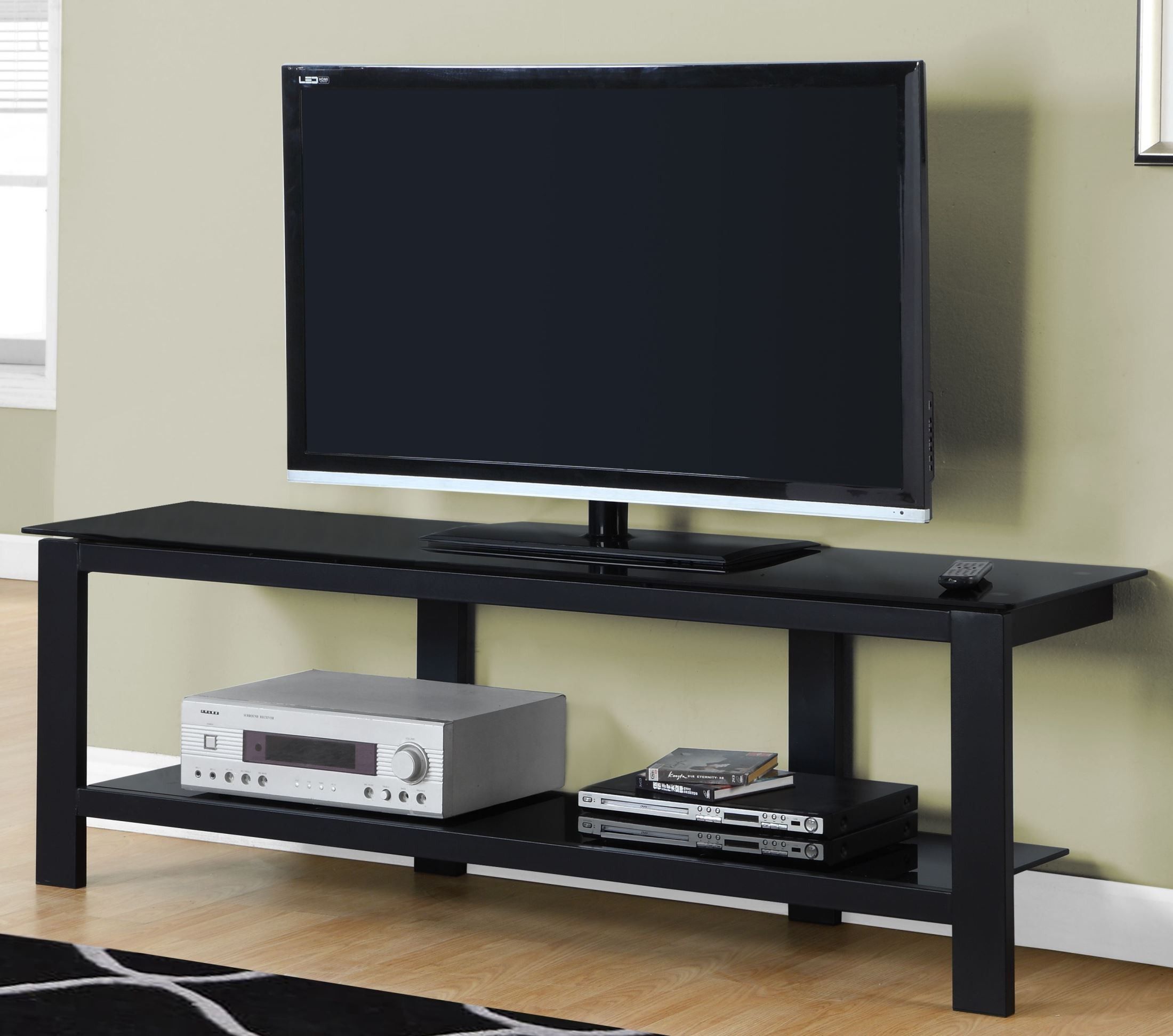 Black Tempered Glass 60" Tv Stand From Monarch | Coleman For Glass Tv Cabinets (Photo 1 of 15)