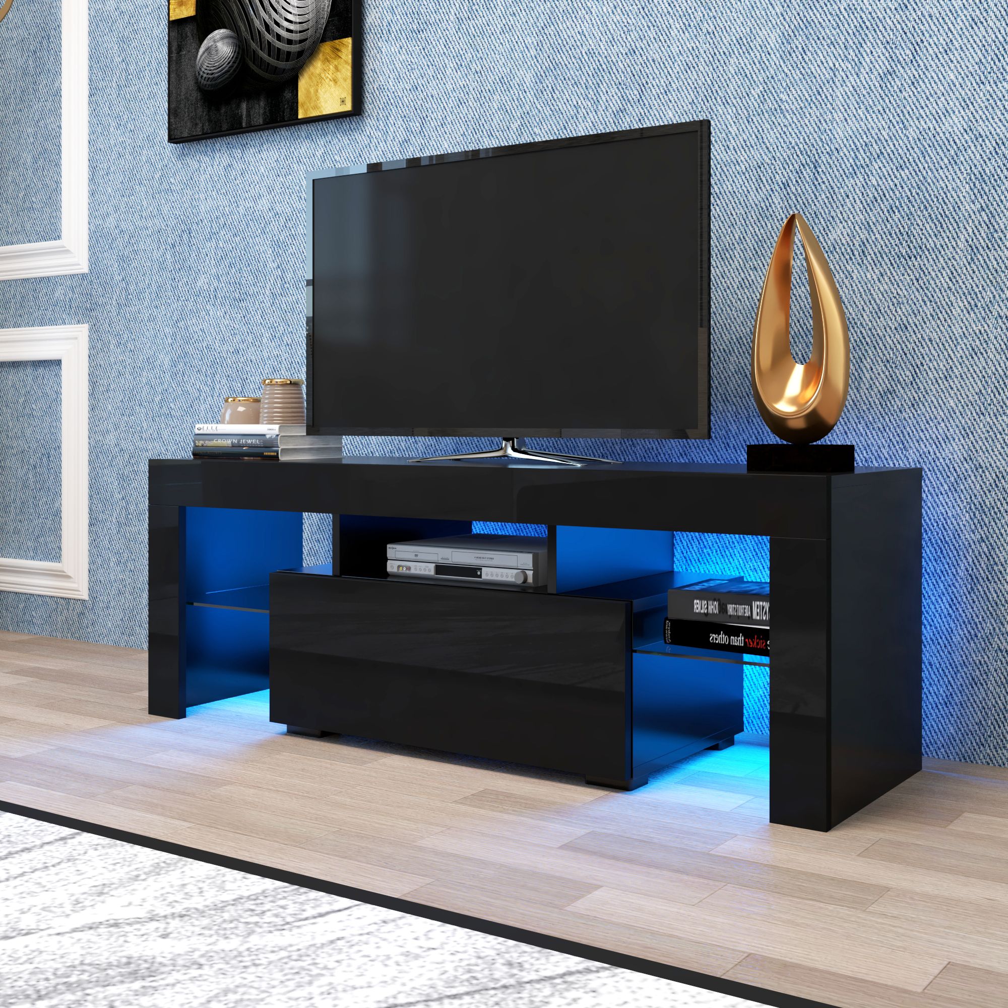 Black Tv Stand For Up To 65 Inch Tv, Yofe High Gloss Tv With 57'' Led Tv Stands Cabinet (Photo 2 of 15)