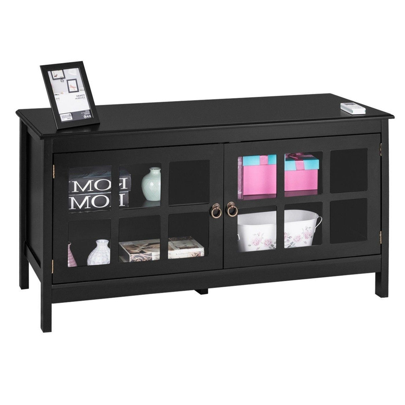 Black Wood Entertainment Center Tv Stand With Glass Panel Pertaining To Wood Tv Stand With Glass Top (View 10 of 15)