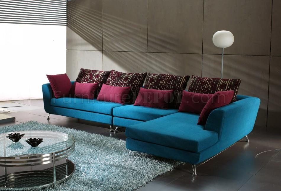 Blue Fabric Modern Sectional Sofa W/contrasting Pillows In Mireille Modern And Contemporary Fabric Upholstered Sectional Sofas (View 4 of 15)