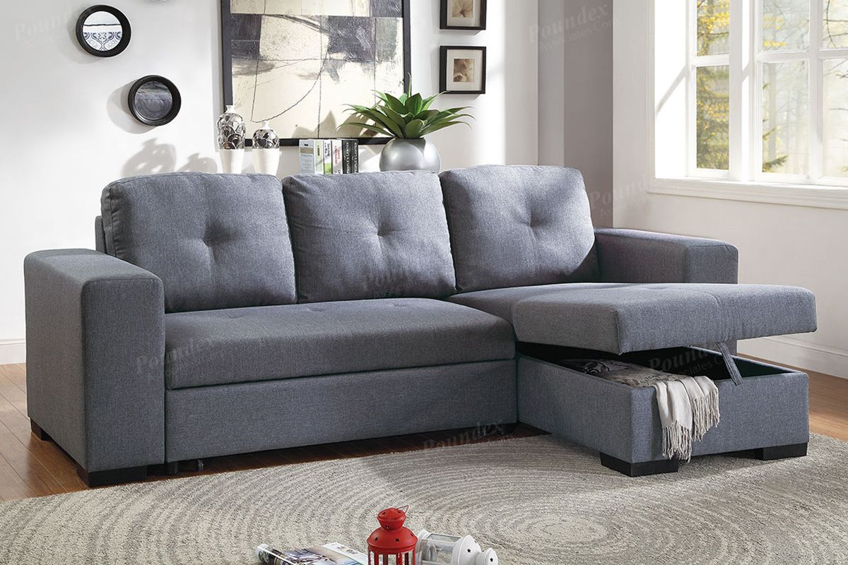 Blue Grey Polyfiber Convertible Sectional Couch Sofa Bed Inside Molnar Upholstered Sectional Sofas Blue/gray (Photo 4 of 15)