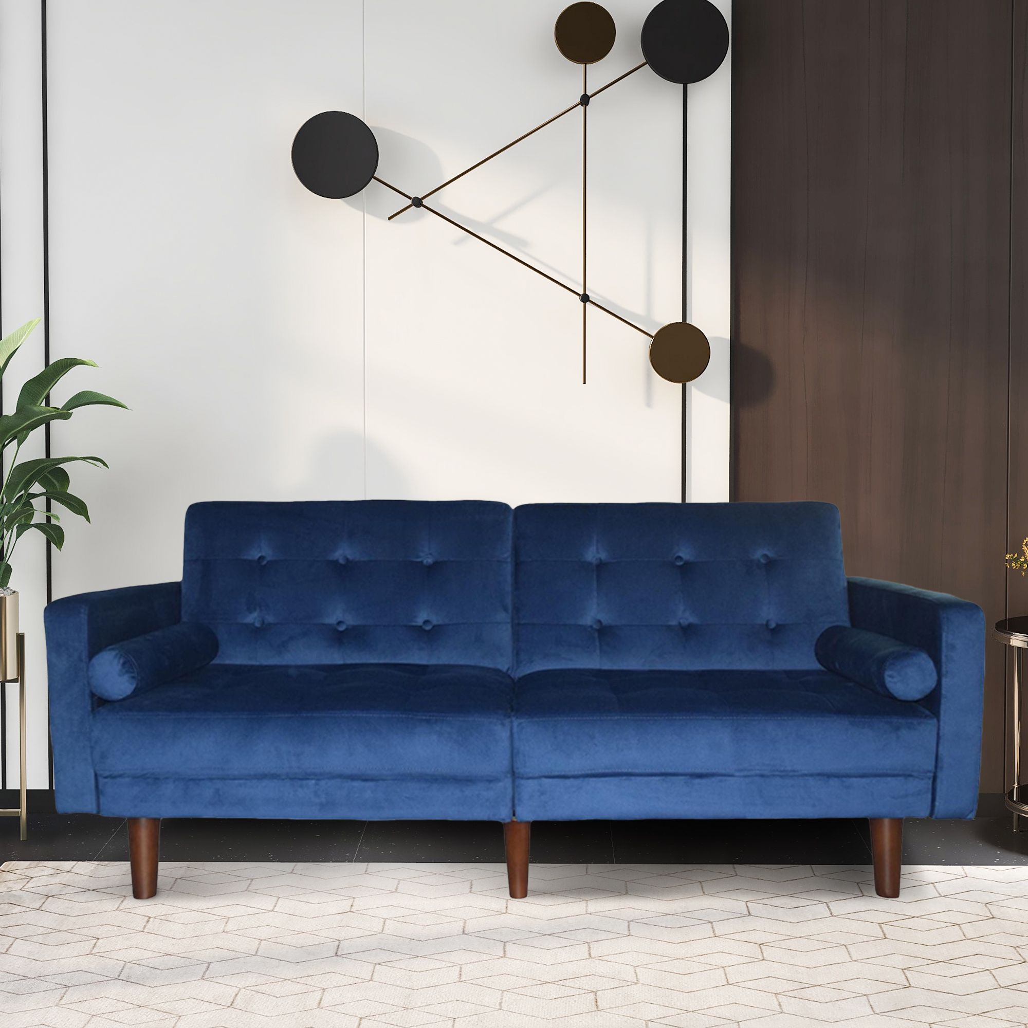 Blue Sofa Bed, Mid Century Modern Velvet Upholstered Intended For Dove Mid Century Sectional Sofas Dark Blue (Photo 3 of 15)