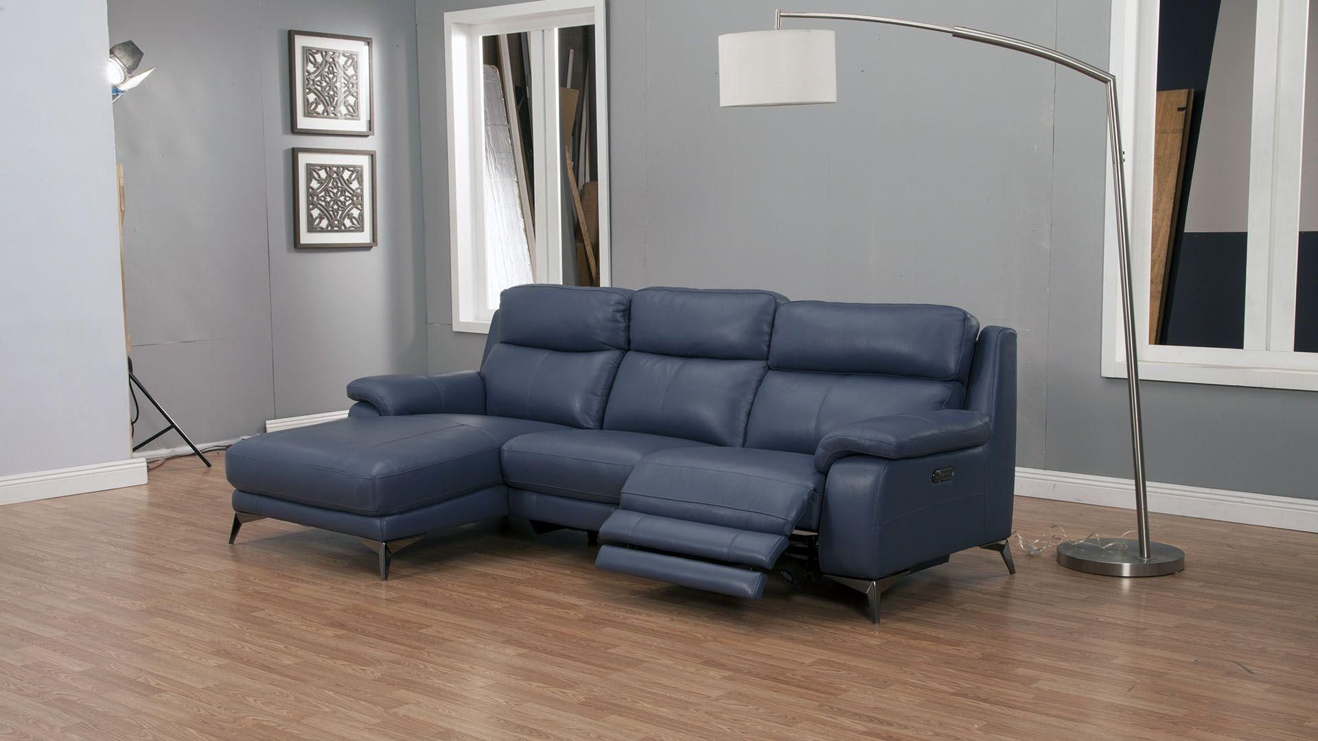 Blue Top Grain Cow Hide Power Recliner Sectional Right Throughout Bloutop Upholstered Sectional Sofas (View 14 of 15)