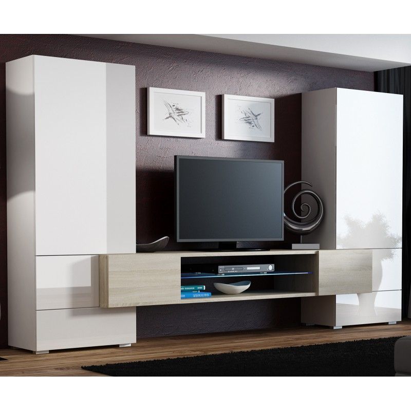 Bmf Tori 2 Wall Unit Sonoma Oak White High Gloss Led In White High Gloss Tv Stand Unit Cabinet (View 4 of 15)