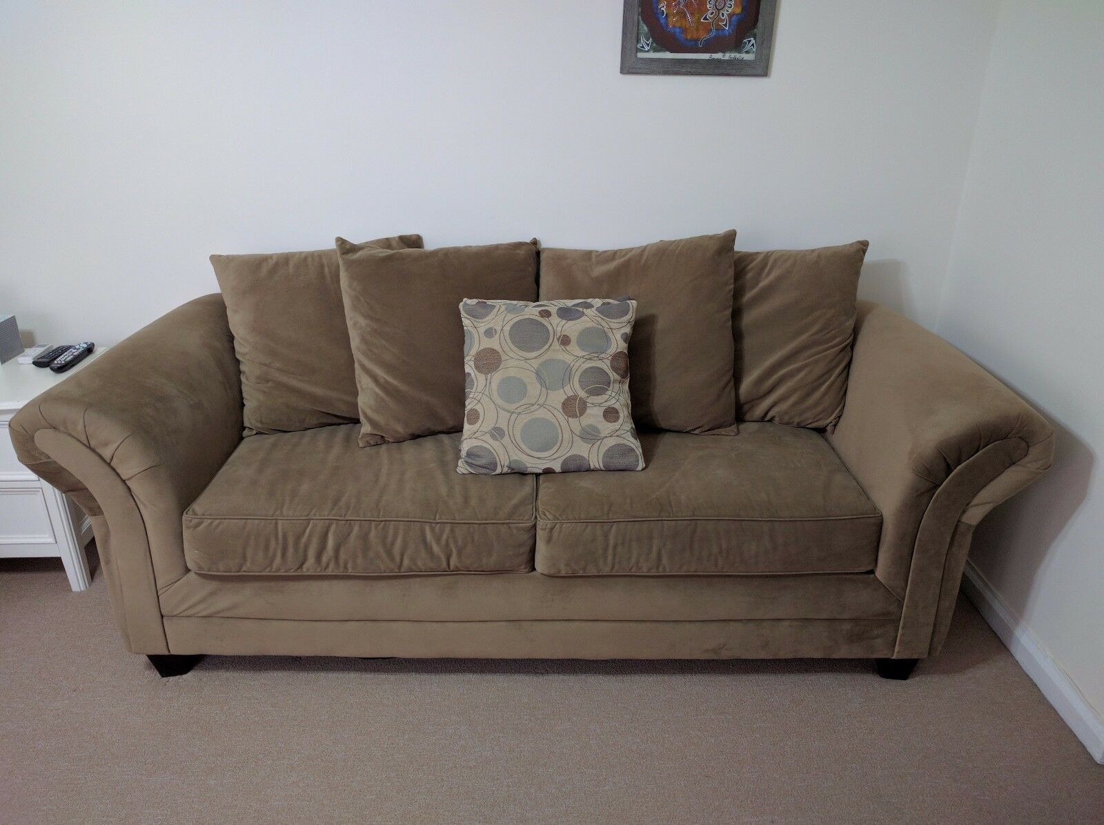 Bob's Discount Furniture: Desert Sand Suede 3 Seater Sofa Intended For Symmetry Fabric Power Reclining Sofas (View 1 of 15)