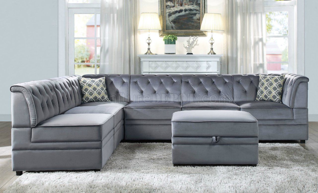 Bois Ii Modular Sectional Sofa 7pc Set 53305 Gray Velvet For Strummer Velvet Sectional Sofas (View 2 of 15)