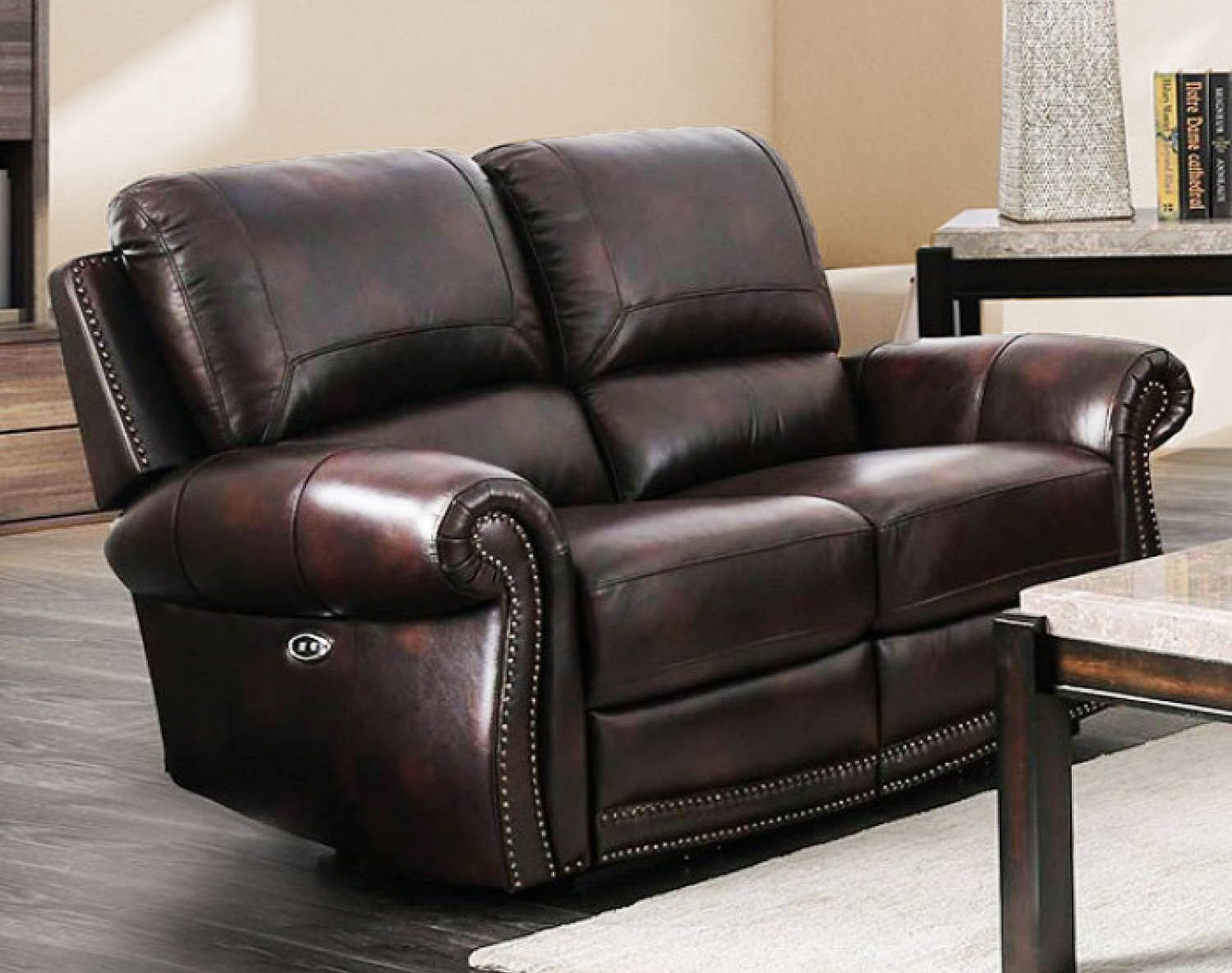 Brown Genuine Leather Power Reclining Sofa & Loveseat Nail In Nolan Leather Power Reclining Sofas (View 3 of 15)