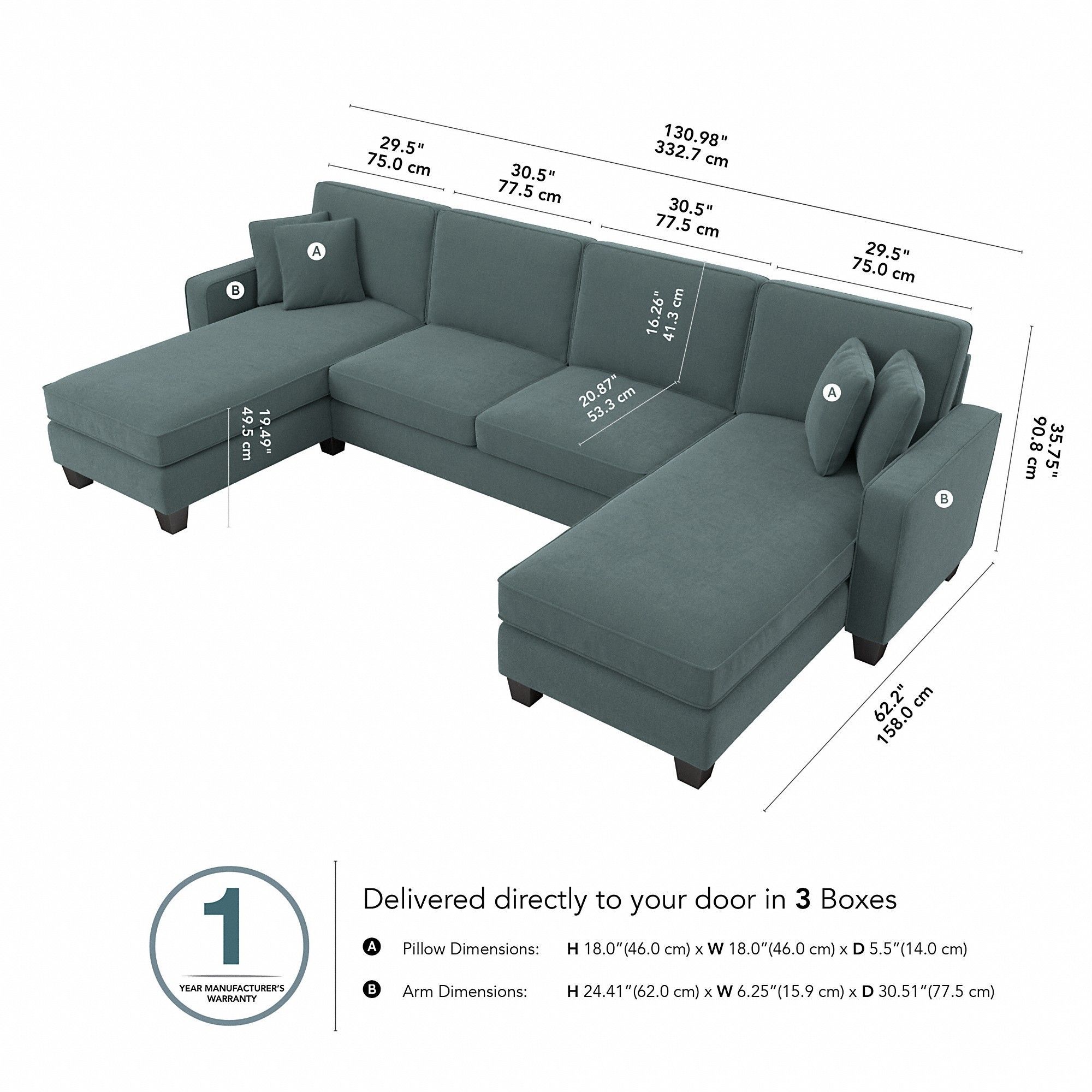 Bush Furniture Stockton 130w Sectional Couch With Double With 130" Stockton Sectional Couches With Double Chaise Lounge Herringbone Fabric (View 6 of 15)