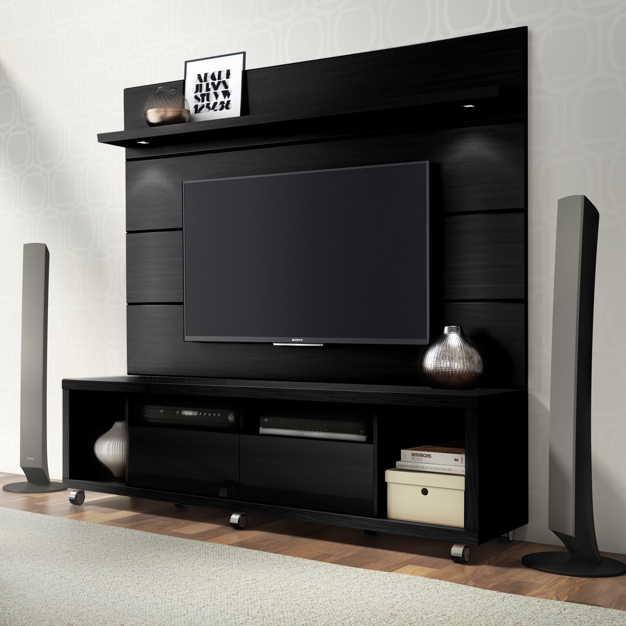 Cabrini Black Tv Stand & Floating Wall Tv Panel W/1.8 Led Inside Modern Black Tv Stands On Wheels (Photo 3 of 15)