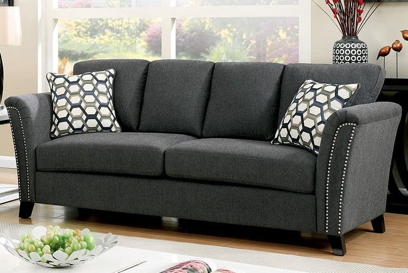 Campbell Contemporary Sofa Upholstered In Gray Fabric With Within Radcliff Nailhead Trim Sectional Sofas Gray (Photo 15 of 15)