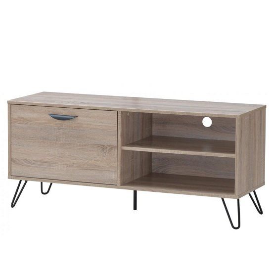 Canell Wooden Tv Stand In Oak Effect With Black Metal Legs Throughout Claudia Brass Effect Wide Tv Stands (View 2 of 15)