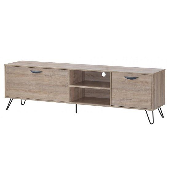 Canell Wooden Tv Stand Large In Oak Effect And Black Metal Regarding Claudia Brass Effect Wide Tv Stands (View 1 of 15)