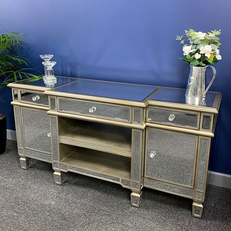 Canterbury Champagne Gold Mirrored Tv Stand Cabinet Throughout Gold Tv Stands (View 9 of 15)