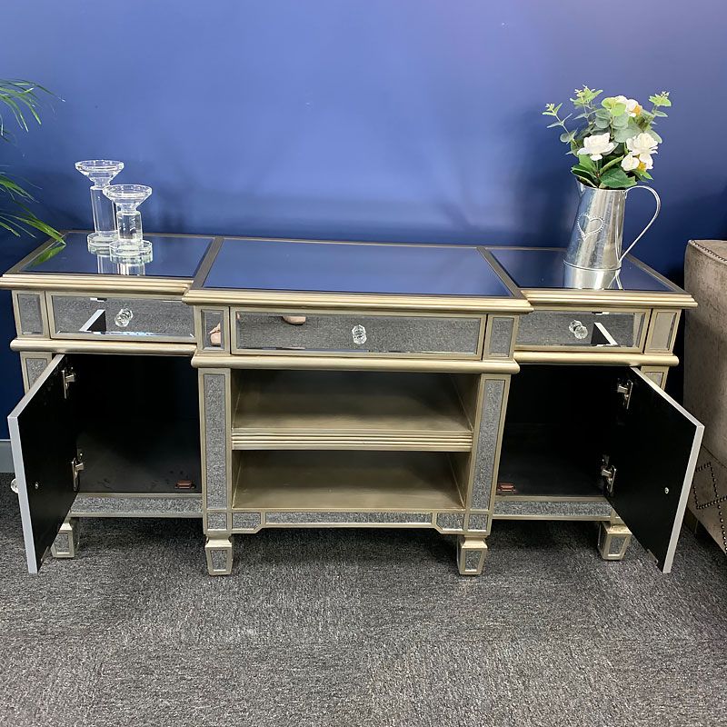 Canterbury Champagne Gold Mirrored Tv Stand Cabinet With Mirrored Furniture Tv Unit (View 7 of 15)
