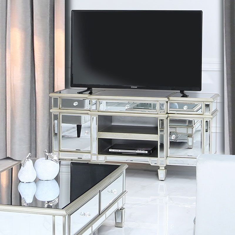 Canterbury Champagne Gold Mirrored Tv Stand Cabinet With Mirrored Furniture Tv Unit (View 3 of 15)