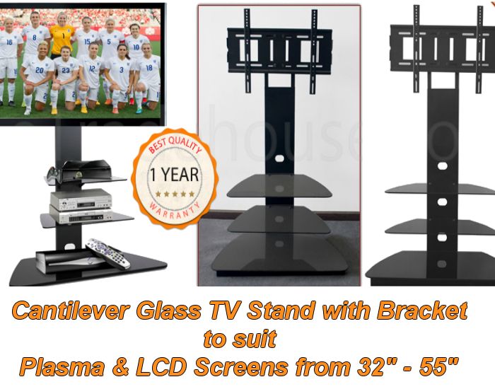 Cantilever Glass Tv Stand With Swivel Bracket – 85cm Throughout Cantilever Glass Tv Stand (View 12 of 15)