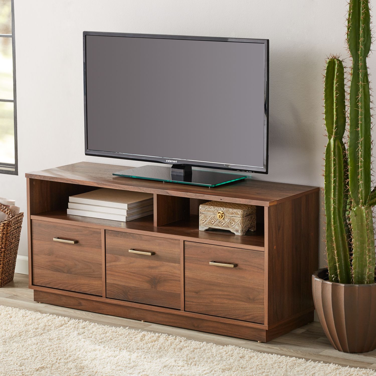 Canyon Walnut 3 Door Tv Stand Console For Tvs Up To 50 In Leonid Tv Stands For Tvs Up To 50&quot; (Photo 2 of 15)