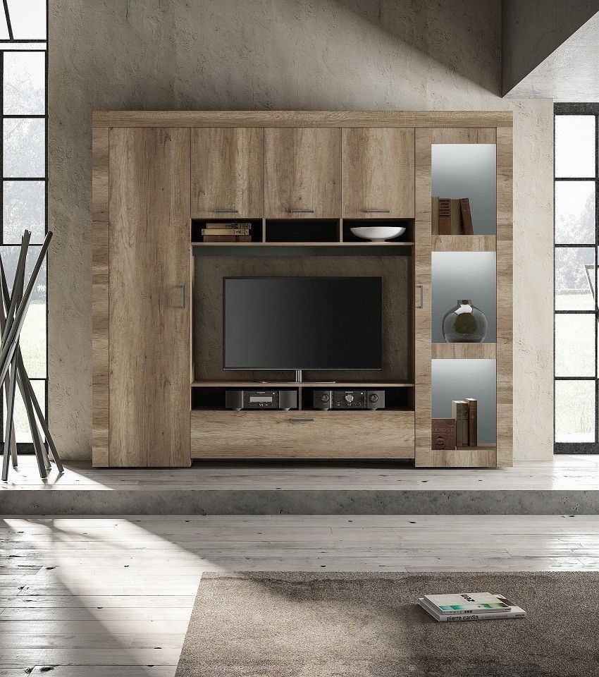 Capri Modern Tv Wall Set In Canyon Oak Finish With Led For Canyon Oak Tv Stands (View 8 of 15)
